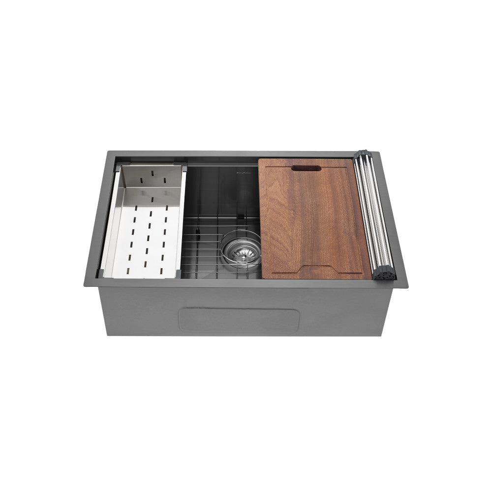 30 x 19-inch black stainless steel undermount kitchen workstation sink with single basin and accessories.