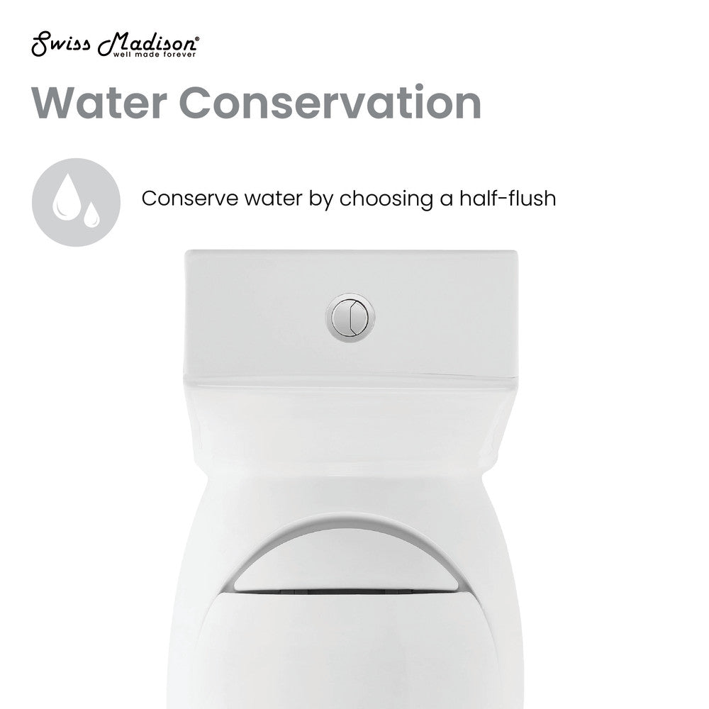Elongated one-piece toilet with dual-flush button, white ceramic bowl, compact modern design.
