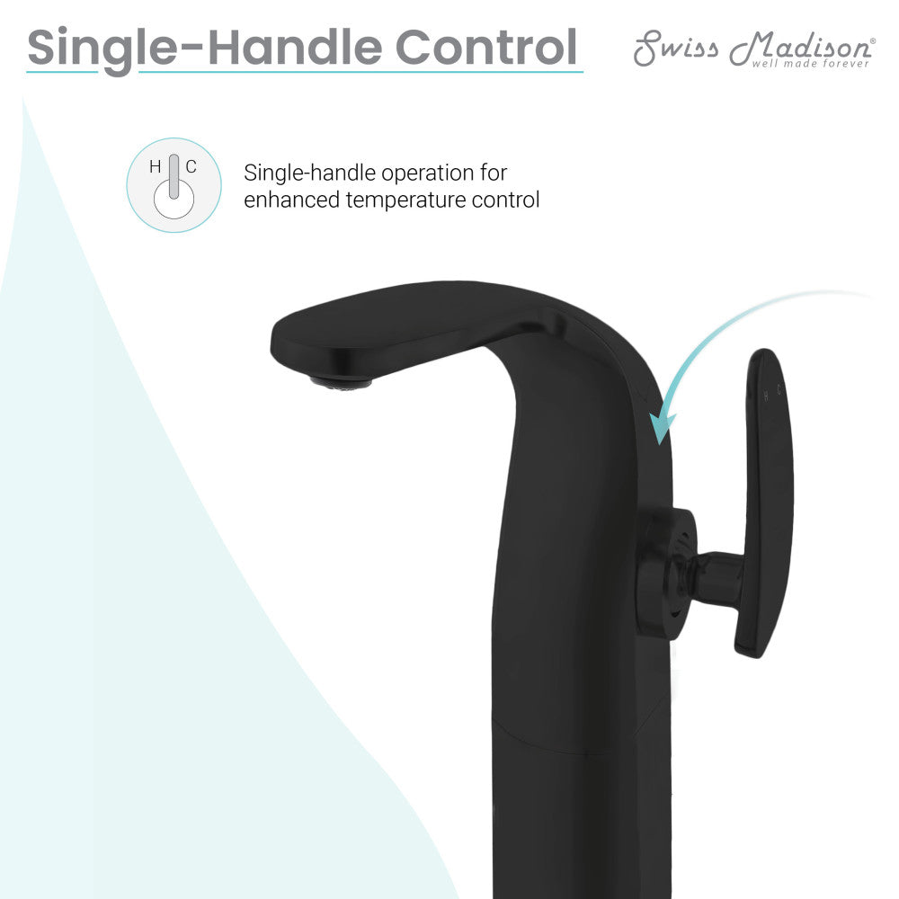 Single-handle bathroom faucet in matte black with high arc spout and lever handle.