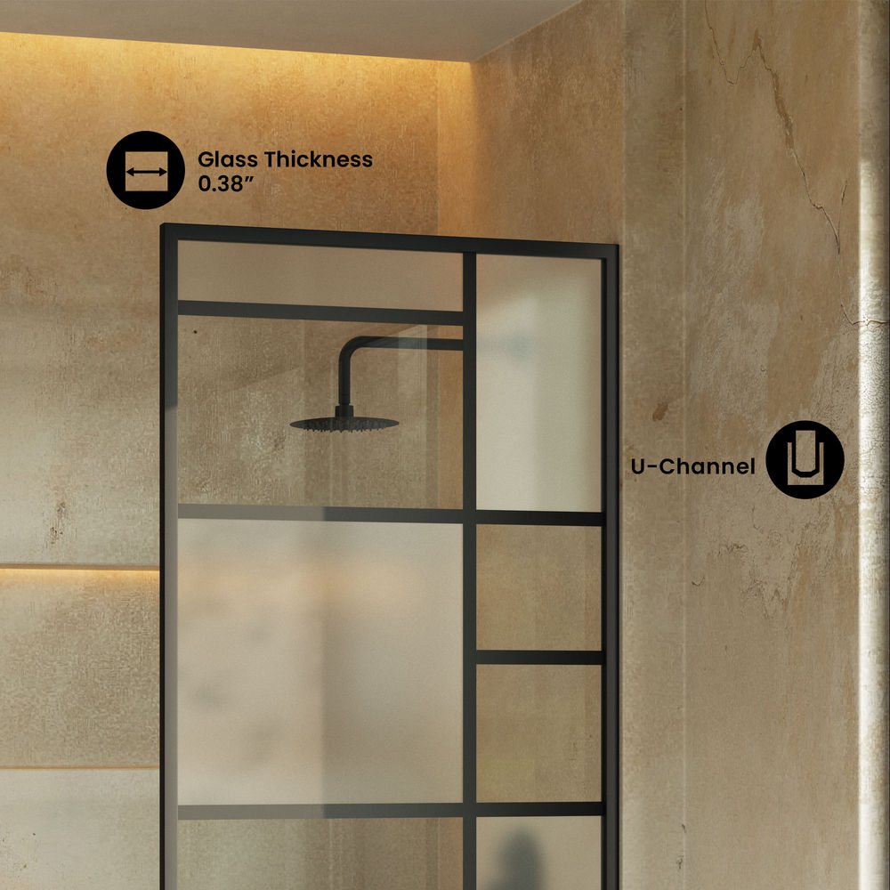 Leiden 34 x 58 Framed Fixed 3/8 in. (10mm) Frosted Tempered Glass Tub Door with Black Matte Frame