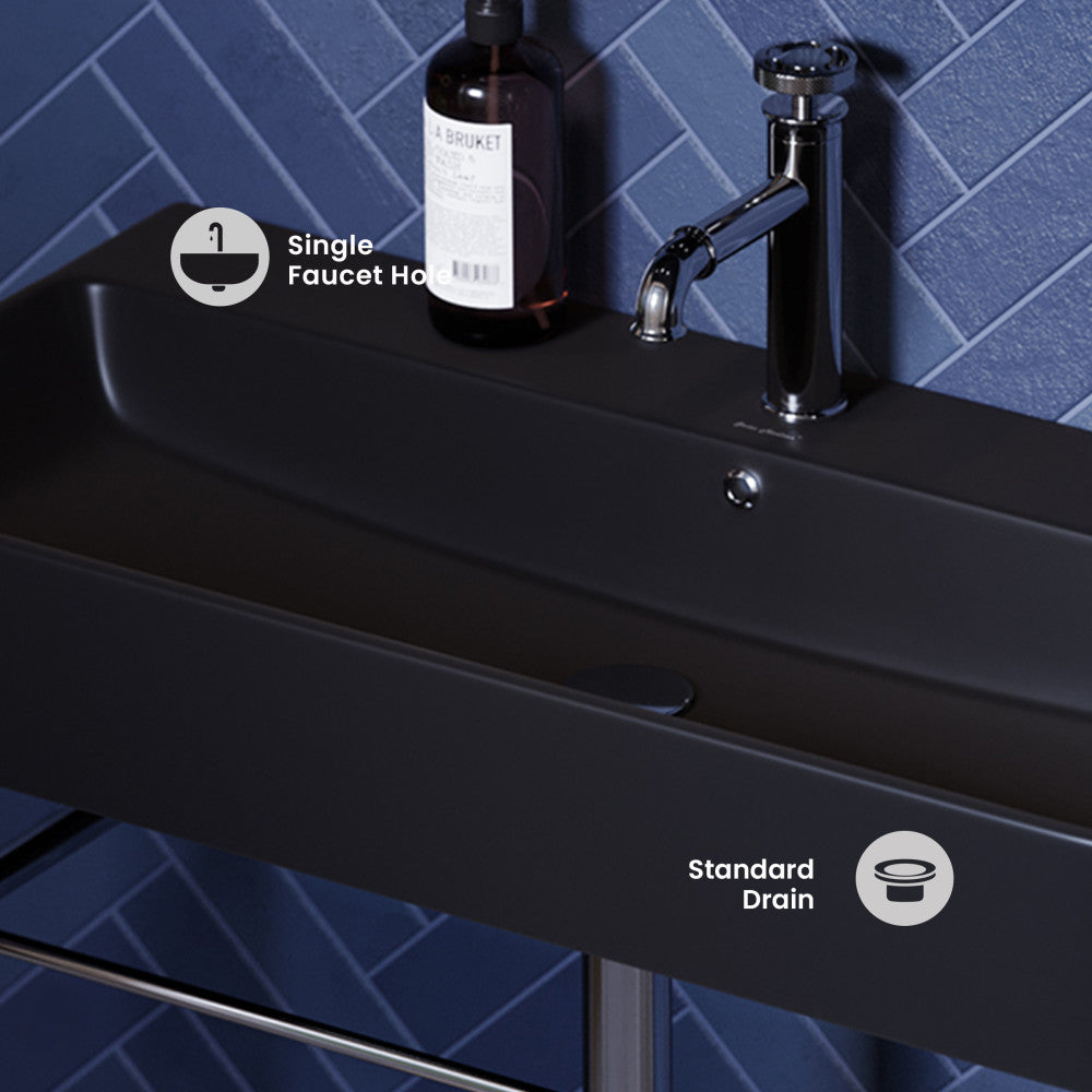 Carre 36 Ceramic Console Sink Matte Black Basin Chrome Legs