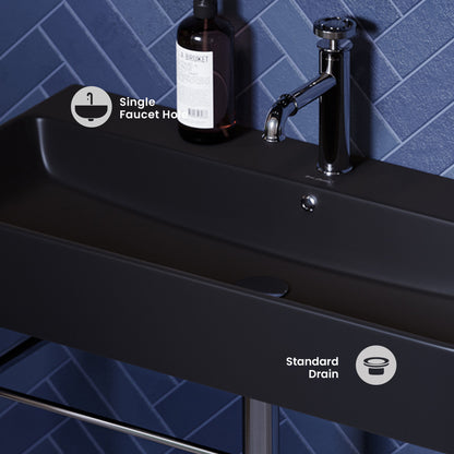 Carre 36 Ceramic Console Sink Matte Black Basin Chrome Legs