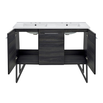 Annecy 48 in. Black Walnut, Double Basin Bathroom Vanity With White, 3-Hole Ceramic Sink Top