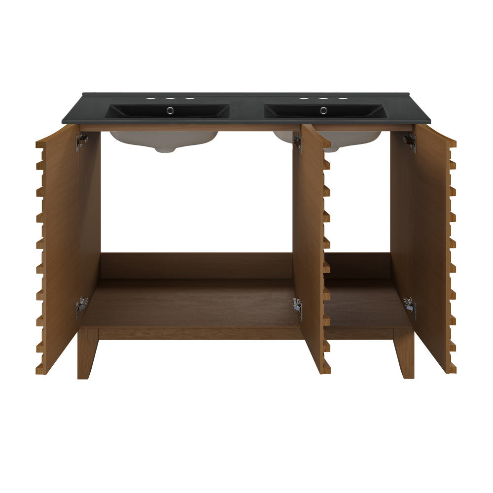 Cascade 48 in. Brown Oak, Double Basin Bathroom Vanity With Black, 3-Hole Centerset Ceramic Sink Top