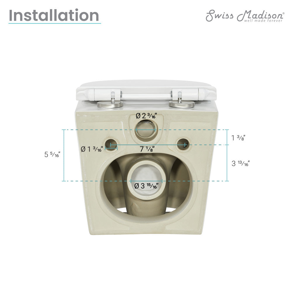 Glossy white wall-hung toilet with dual flush system and round bowl, compact design.