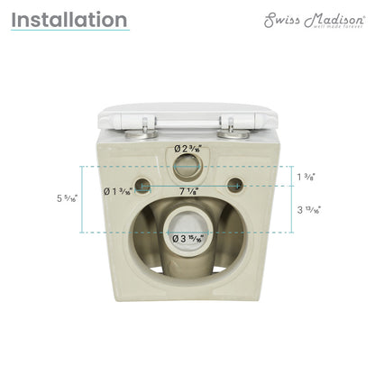 Glossy white wall-hung toilet with dual flush system and round bowl, compact design.
