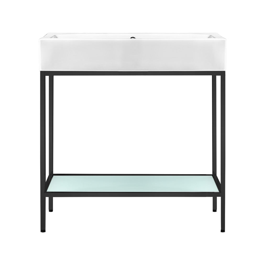 32-inch freestanding bathroom vanity with black metal open shelf frame and white sink top.