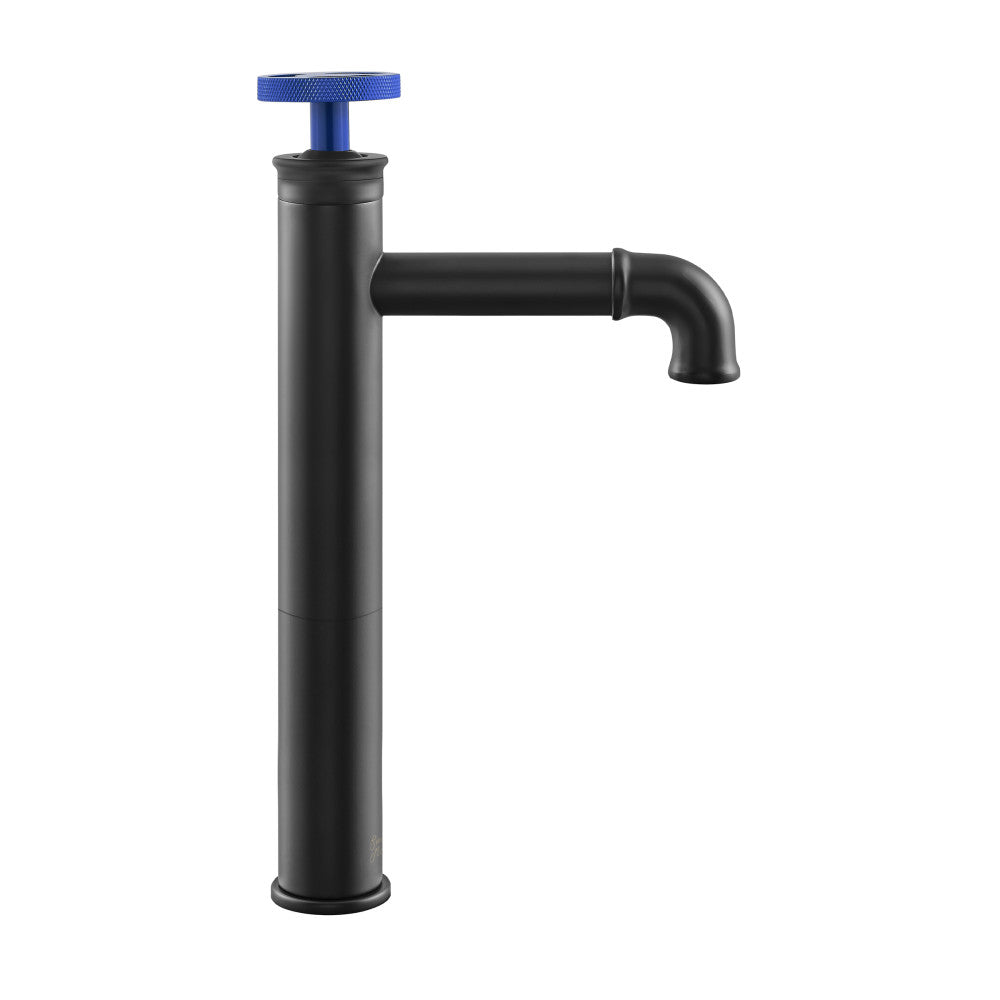 Avallon Single Hole, Single-Handle Wheel, High Arc Bathroom Faucet in Matte Black with Blue Handles