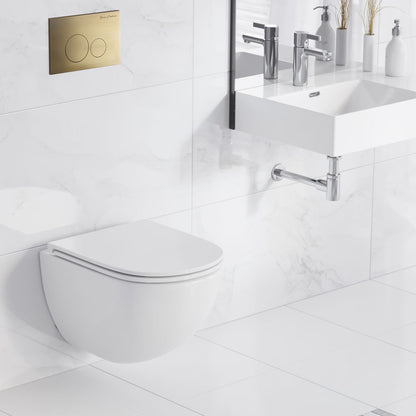 St. Tropez Wall-Hung Toilet Bundle 0.8/1.6 GPF Dual Flush in Glossy White with Brass Flush Plate