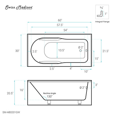 Concorde 60" x 30" Right-Hand Drain Alcove Bathtub with Apron and Armrest