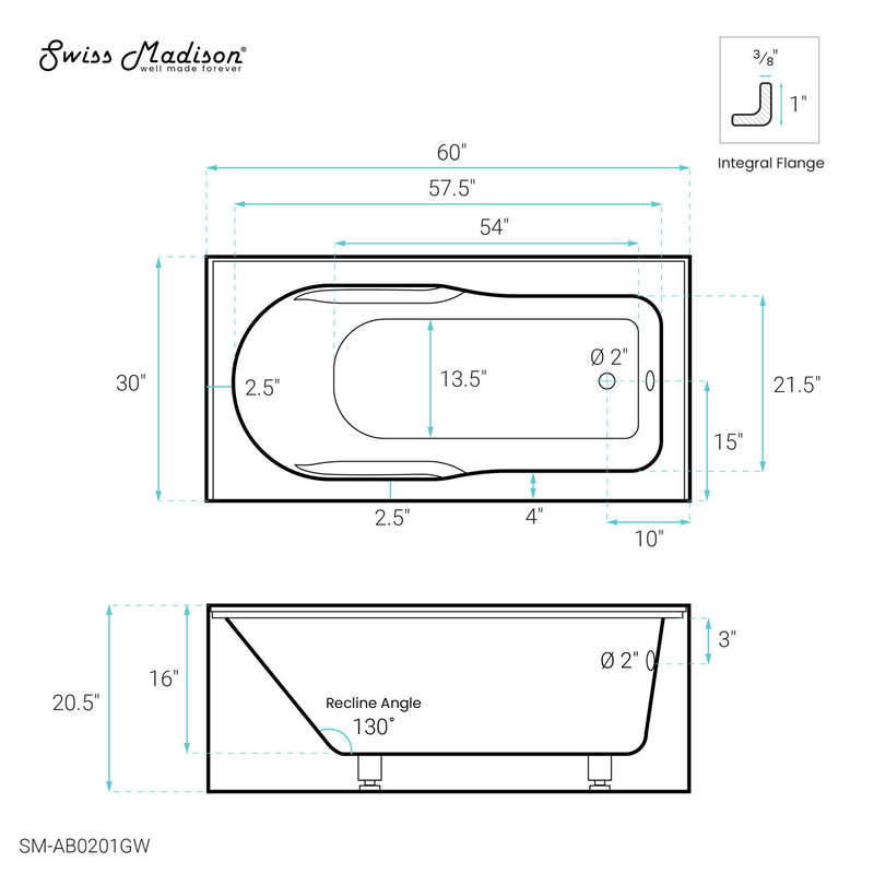 Concorde 60" x 30" Right-Hand Drain Alcove Bathtub with Apron and Armrest