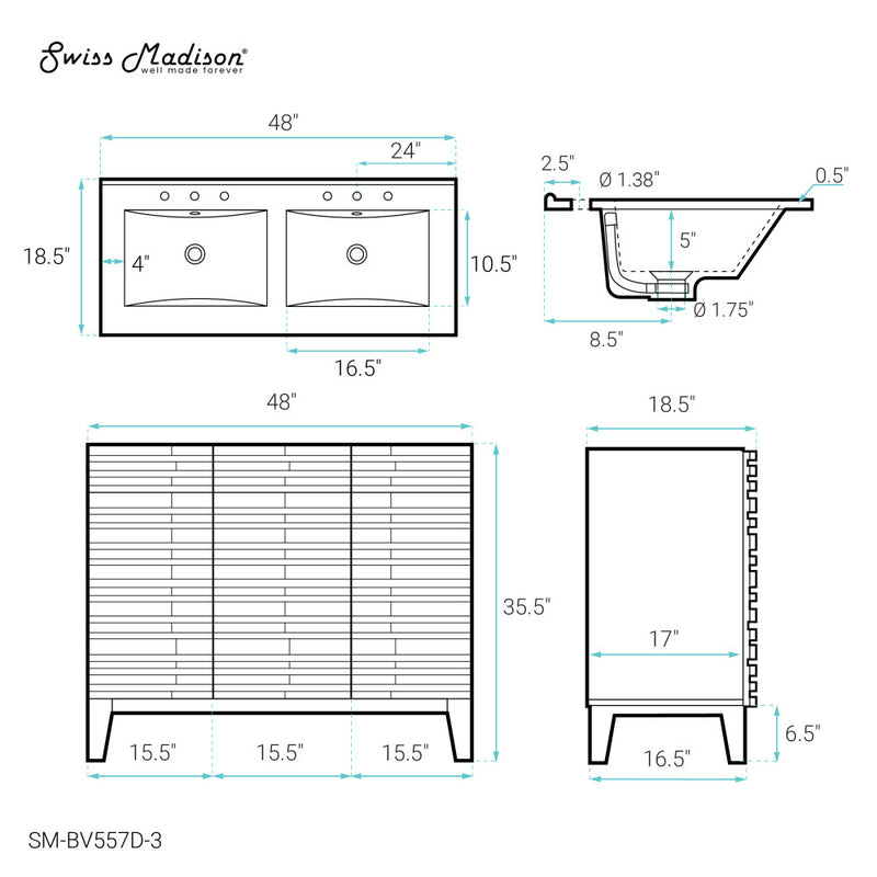 Cascade 48 in. Natural Oak, Double Basin Bathroom Vanity With White, 3-Hole Ceramic Sink Top