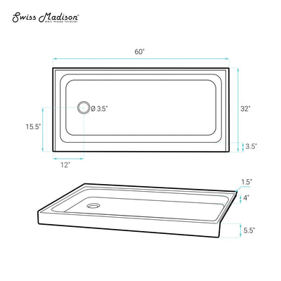 Voltaire 60" x 32" Acrylic Black, Single-Threshold, Left-Hand Drain, Shower Base