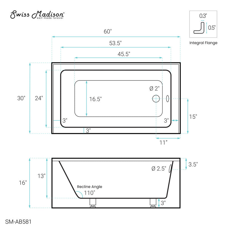 Virage 60" x 30" Right-Hand Drain Alcove Bathtub with Apron