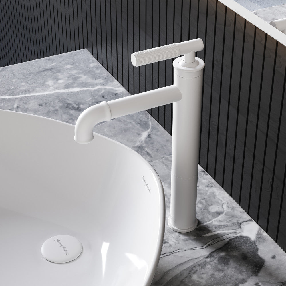 Single-handle high arc bathroom faucet in matte white, sleek single hole design.