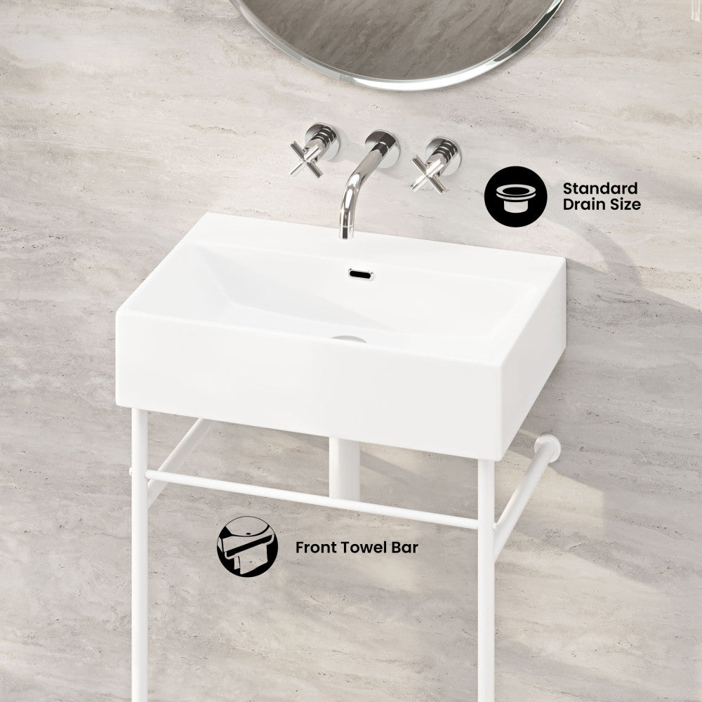 Claire 24" Rectangle Zero Hole Console Sink with Matte White Legs