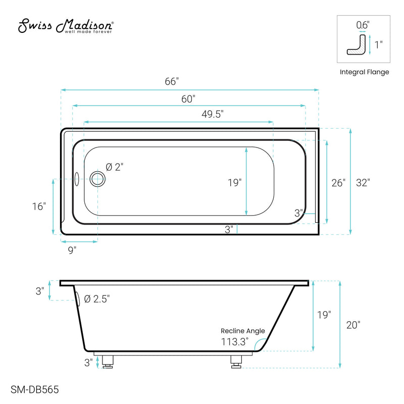 Voltaire 66" x 32" Left-Hand Drain Alcove Bathtub