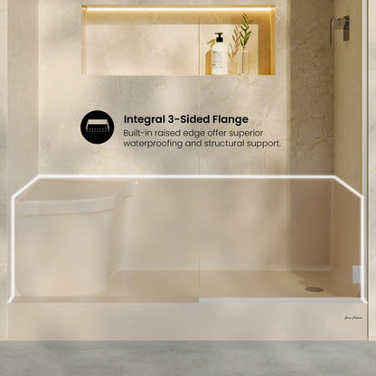 Aquatique 60" x 32" Single Threshold Shower Base With Right Hand Drain and Integral Left Hand Seat in Biscuit