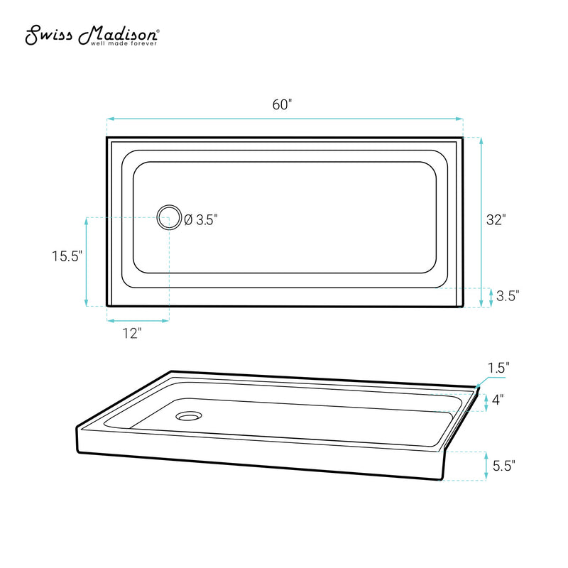 Voltaire 60" x 32" Single-Threshold, Left-Hand Drain, Shower Base in Biscuit