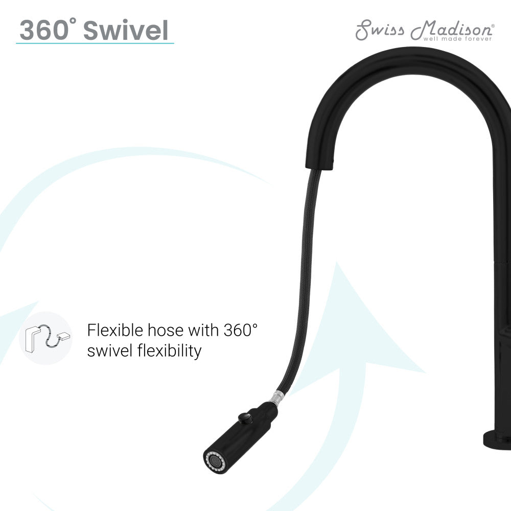 Pull-down kitchen faucet in matte black, single handle, flexible hose with 360-degree swivel.