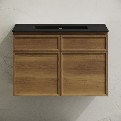 St. Tropez 30" Wall-Mounted Bathroom Vanity in Brown Oak with Black Sink Top