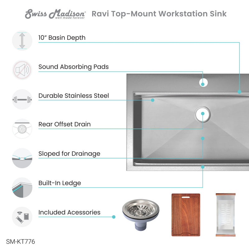 Ravi Single Basin 30 x 22 Topmount Kitchen Workstation Sink