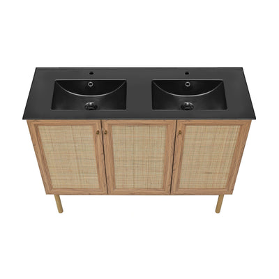 Classe 48 in. Brown Oak, Double Basin Bathroom Vanity With Black Ceramic Sink Top