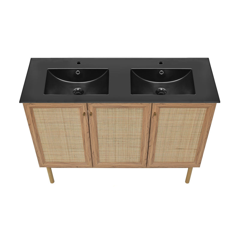 Classe 48 in. Brown Oak, Double Basin Bathroom Vanity With Black Ceramic Sink Top