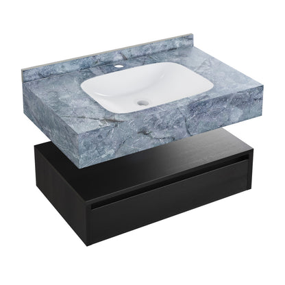 Avancer 36" Wall-Mounted Bathroom Vanity in Black Oak with Blue Celeste Sink Top