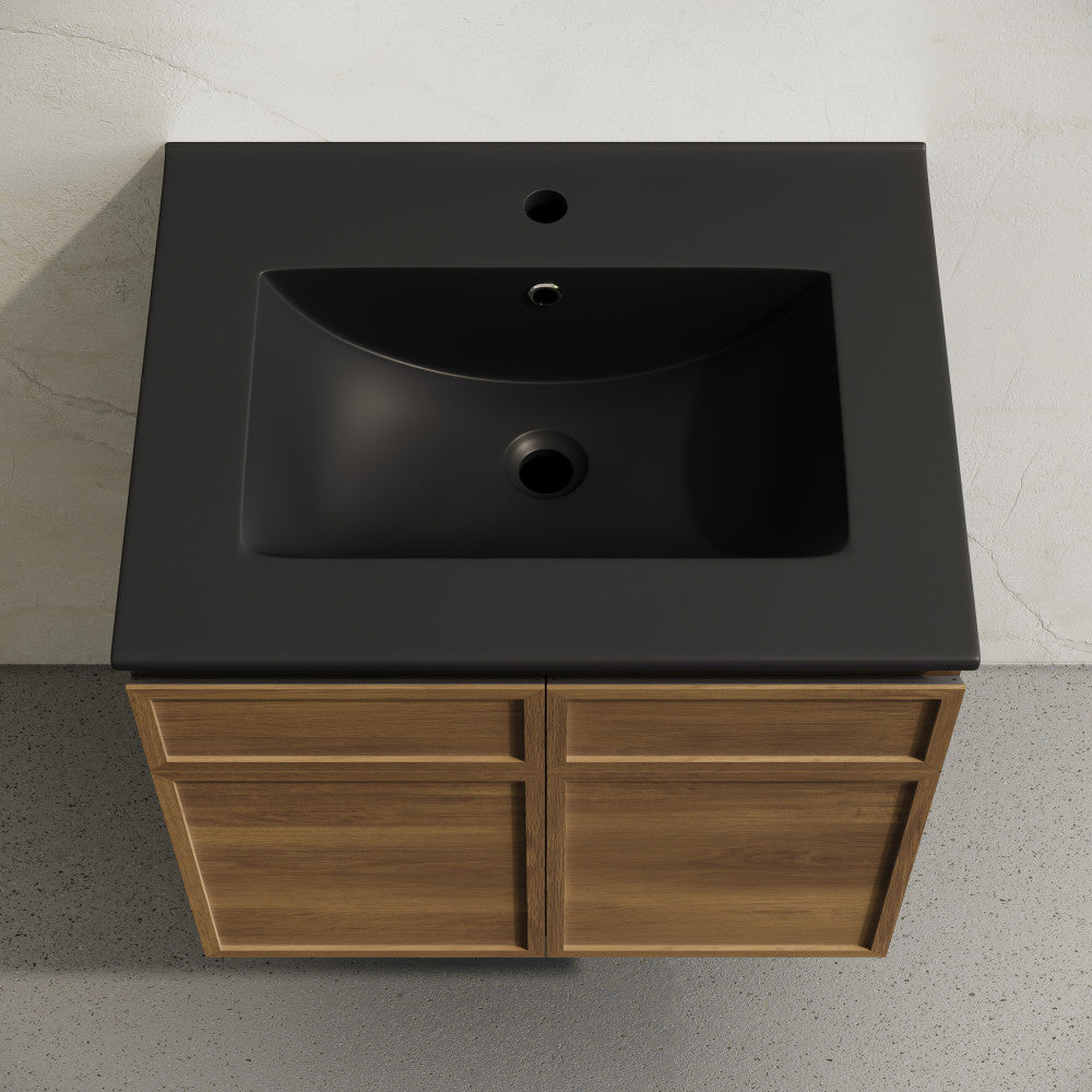St. Tropez 24" Wall-Mounted Bathroom Vanity in Brown Oak with Black Sink Top