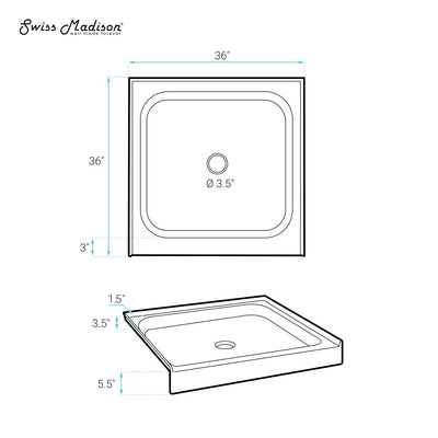 Voltaire 36" x 36" Acrylic White, Single-Threshold, Center Drain, Shower Base