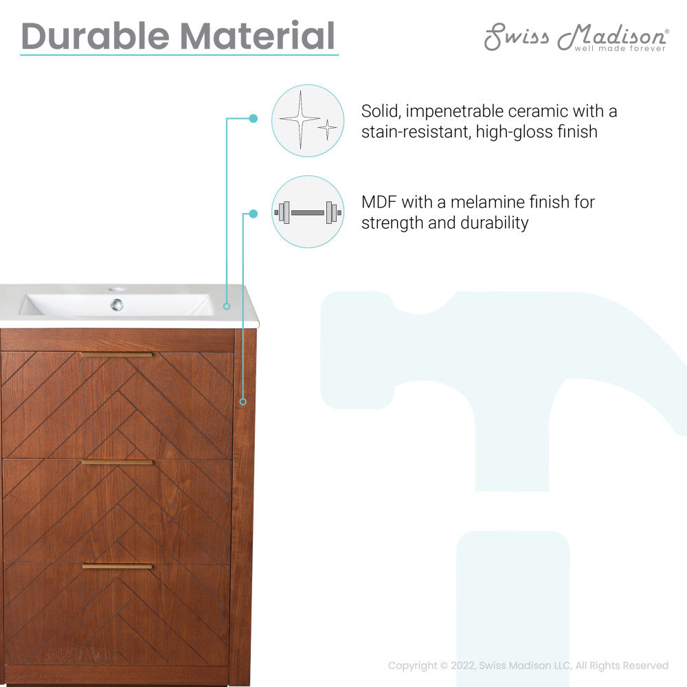 24-inch freestanding bathroom vanity in brown oak, single sink, soft-close doors with chevron pattern.