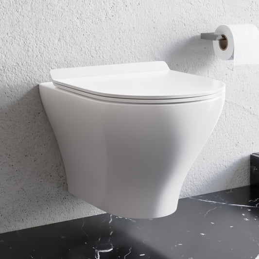 Round wall-hung toilet bowl with soft-close seat in white ceramic.