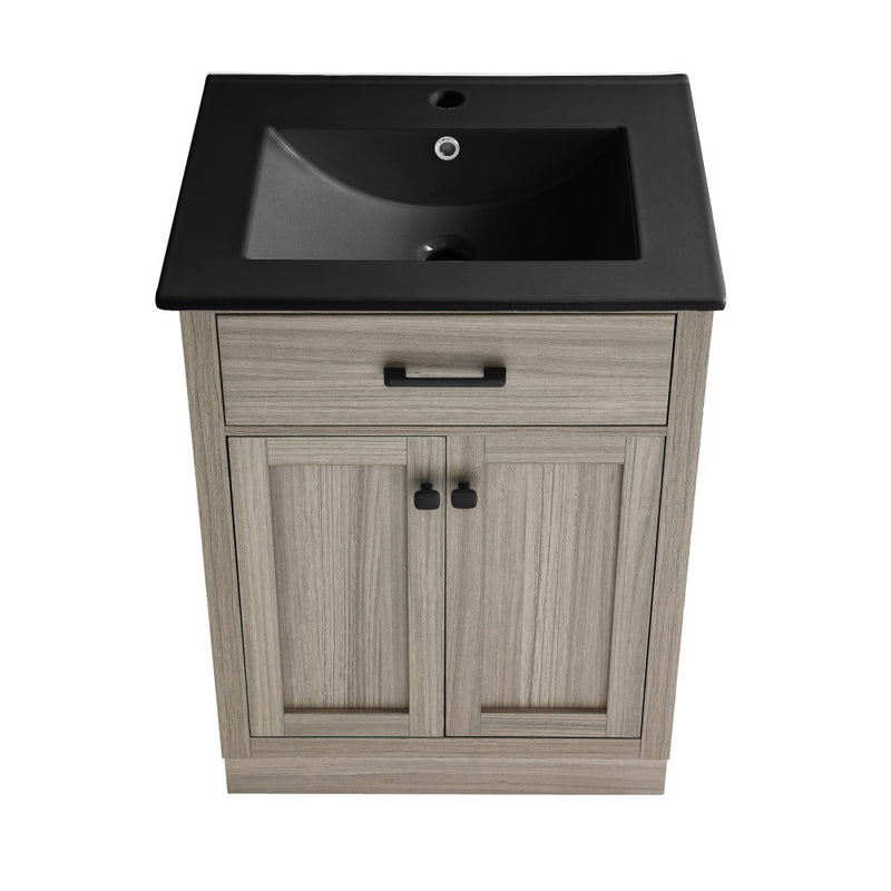 Burdon 24 in. Brown Oak Bathroom Vanity With Black Ceramic Sink Top