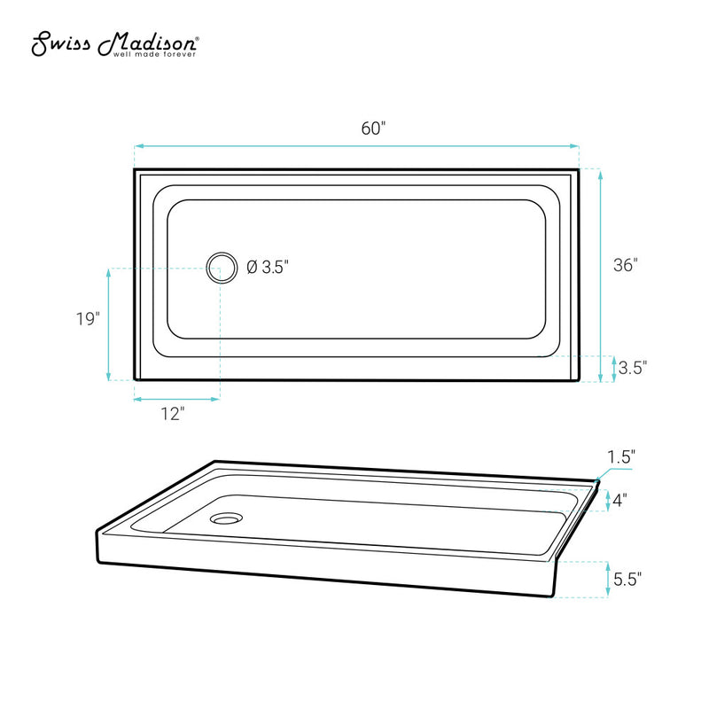 Voltaire 60" x 36" Single-Threshold, Left-Hand Drain, Shower Base in Biscuit