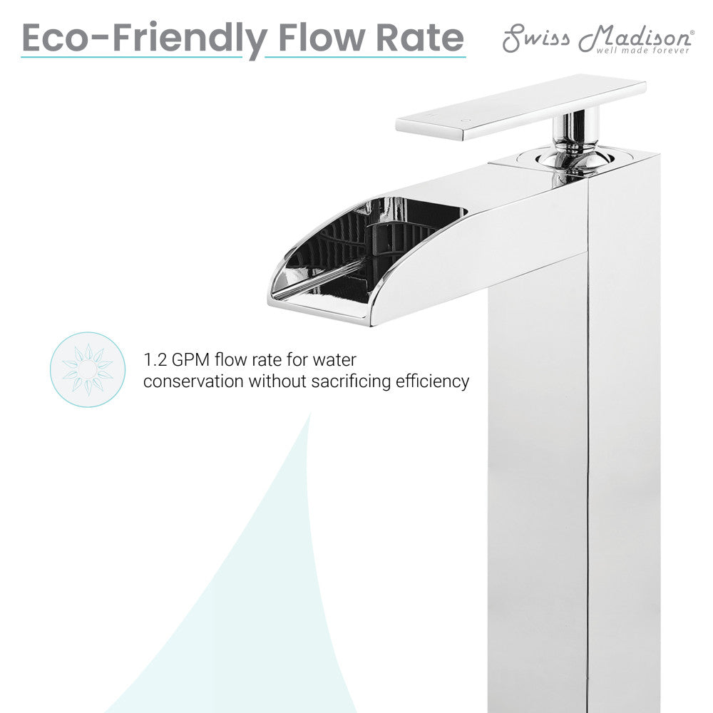 Single-handle bathroom faucet in chrome, high arc waterfall spout, modern rectangular design.