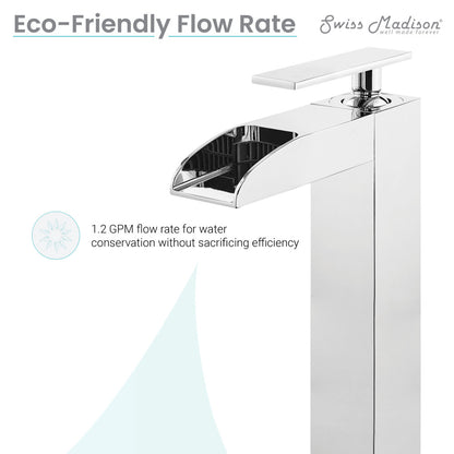 Single-handle bathroom faucet in chrome, high arc waterfall spout, modern rectangular design.