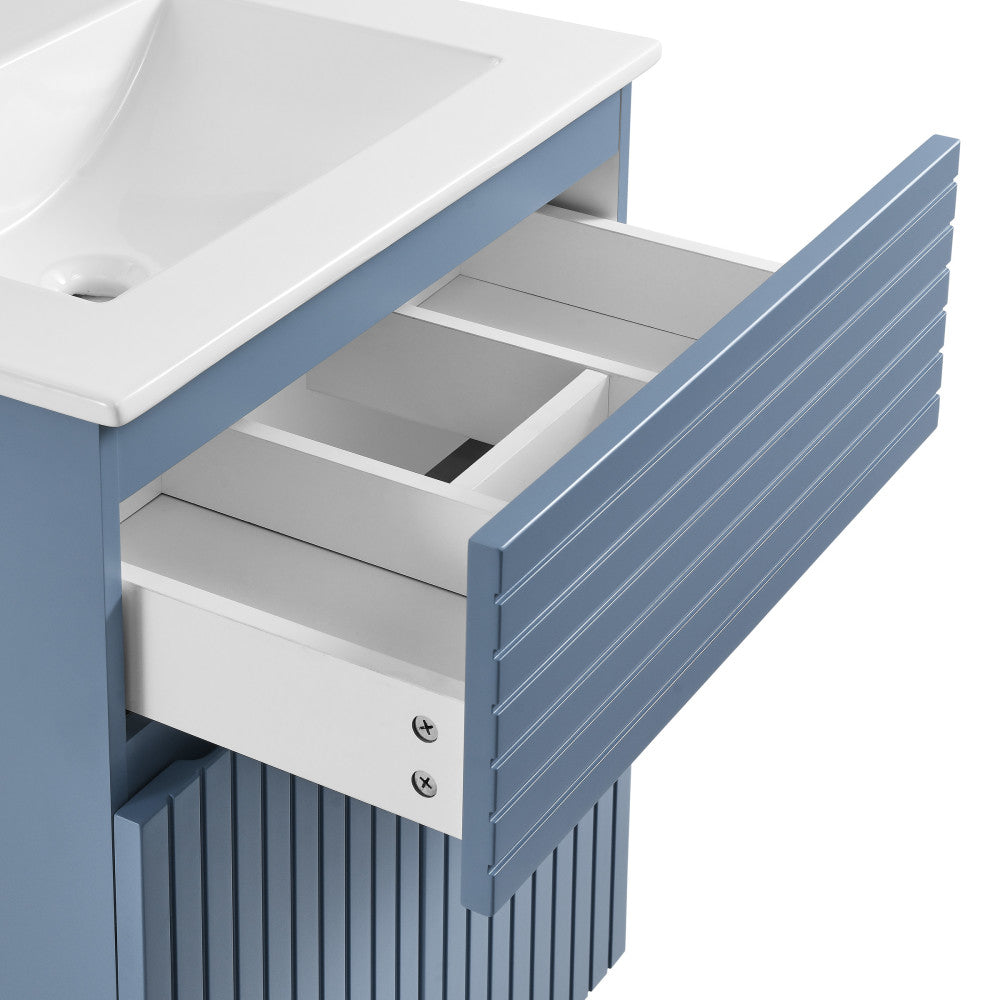 24-inch freestanding blue heather bathroom vanity with single sink and soft-close drawers.