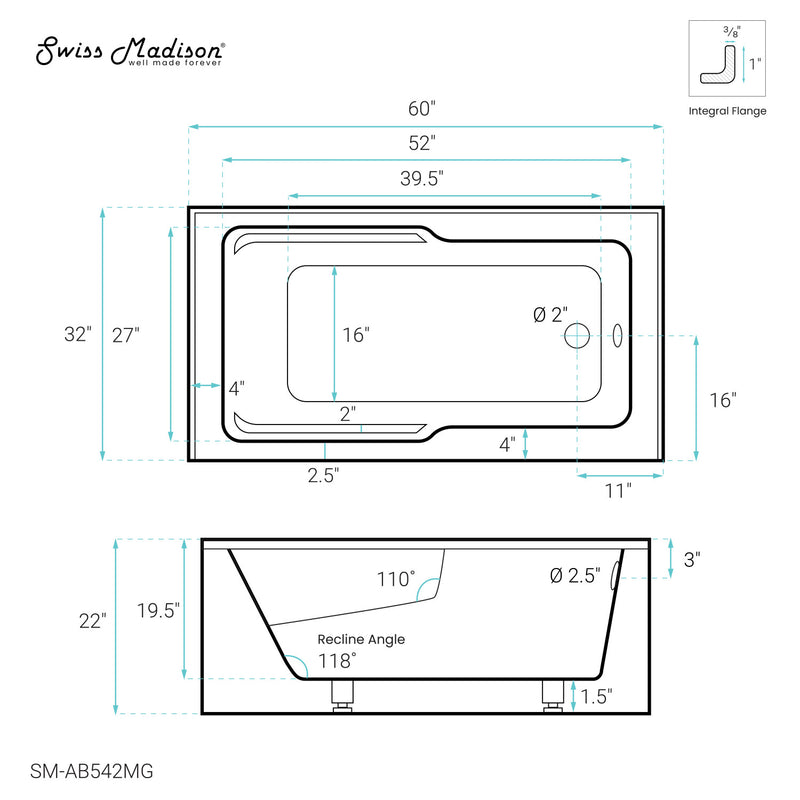 Voltaire 60" x 32" Right-Hand Drain Alcove Bathtub with Apron and Armrest in Matte Grey