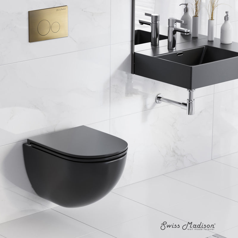 St. Tropez Wall-Hung Toilet Bundle 0.8/1.6 GPF Dual Flush in Matte Black with Brass Flush Plate