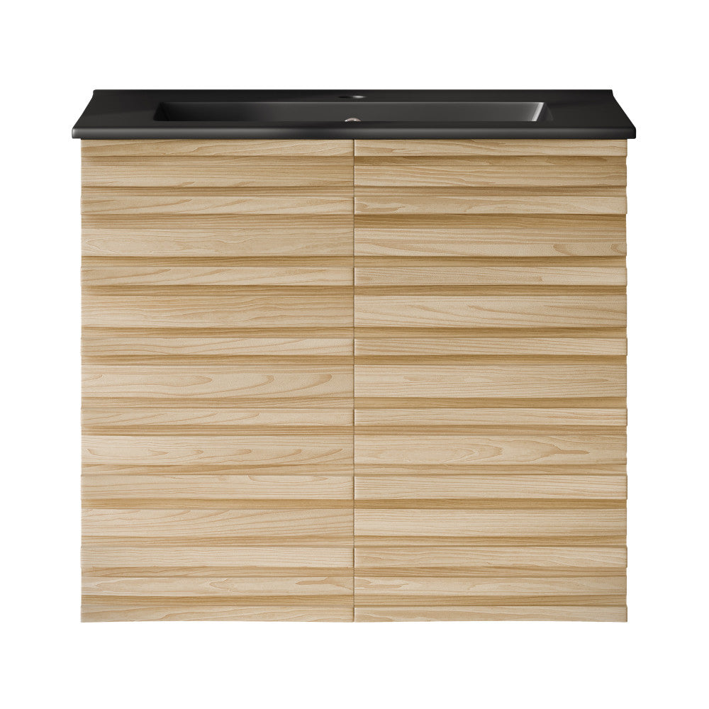 Cascade 24" Wall-Mounted Bathroom Vanity in Natural Oak with Black Sink Top