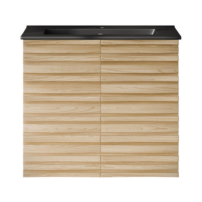 Cascade 24" Wall-Mounted Bathroom Vanity in Natural Oak with Black Sink Top