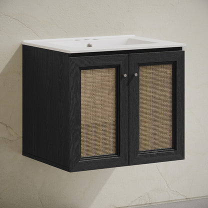 Classe 24" Wall-Mounted Bathroom Vanity in Black Oak with Centerset Faucet Holes Vanity Top