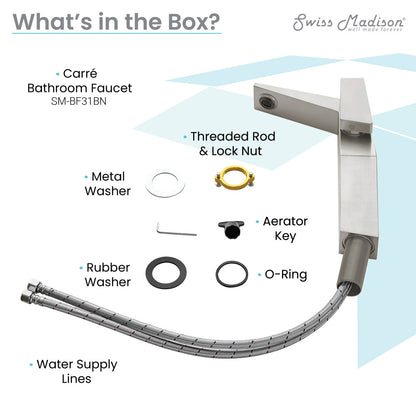 Single-handle high arc bathroom faucet in brushed nickel with threaded rod and water supply lines.