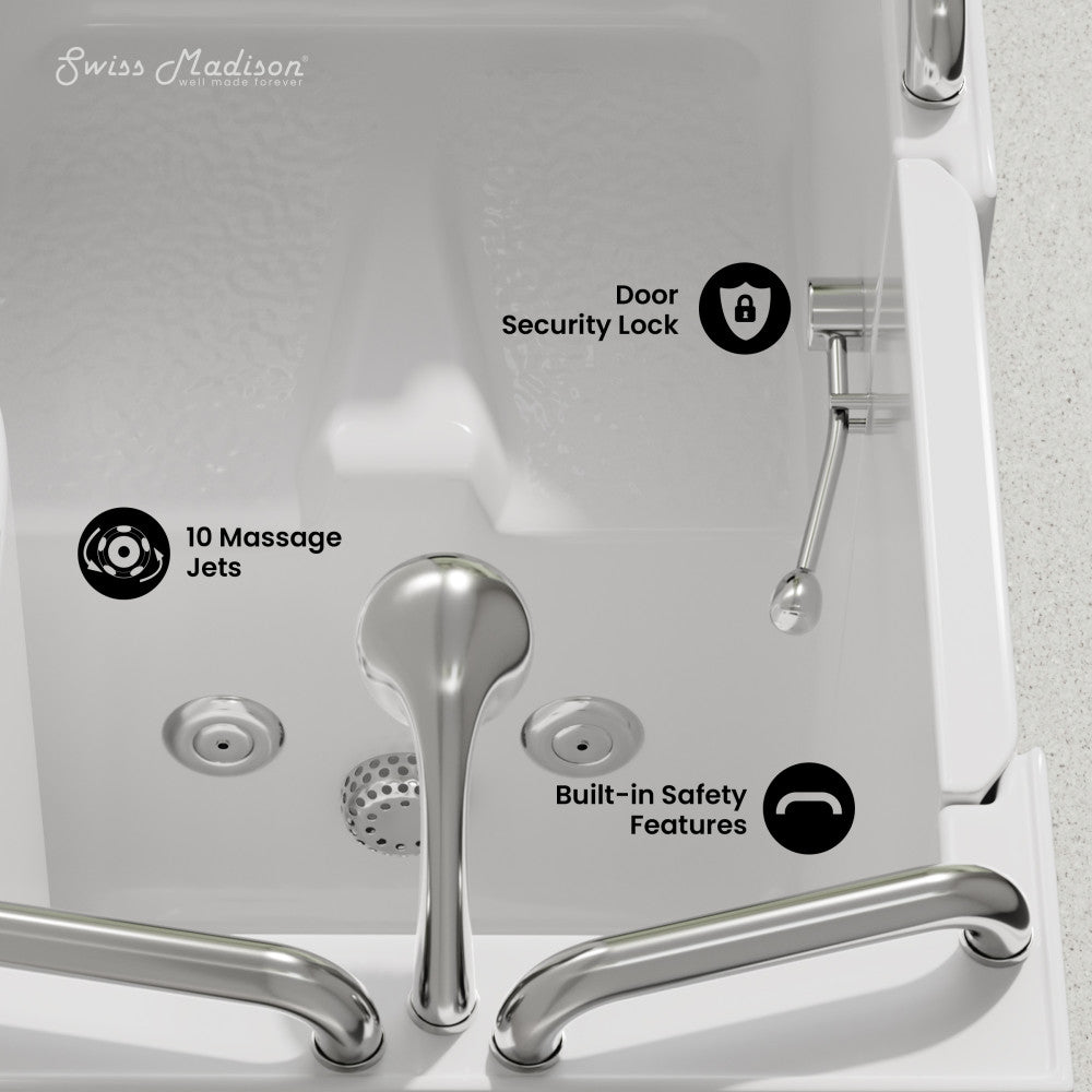 Auvergne 53" x 27" ADA Left Drain Walk-in Soaking Bathtub with Massage Jets in Glossy White, Faucet Set, Drain, Grab Bars, Pillow Included