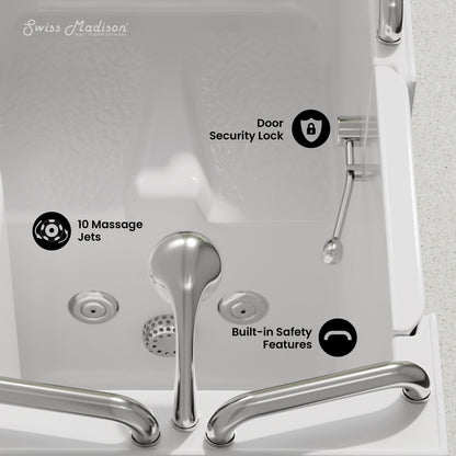 Auvergne 53" x 27" ADA Left Drain Walk-in Soaking Bathtub with Massage Jets in Glossy White, Faucet Set, Drain, Grab Bars, Pillow Included