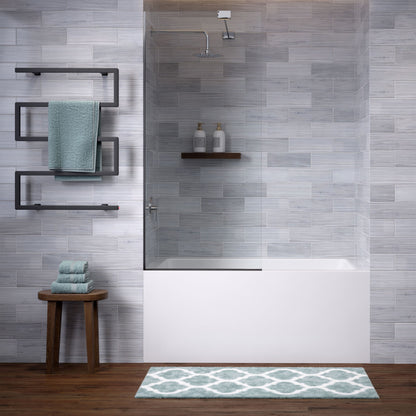 5-bar electric towel warmer in matte black mounted on gray tiled bathroom wall.
