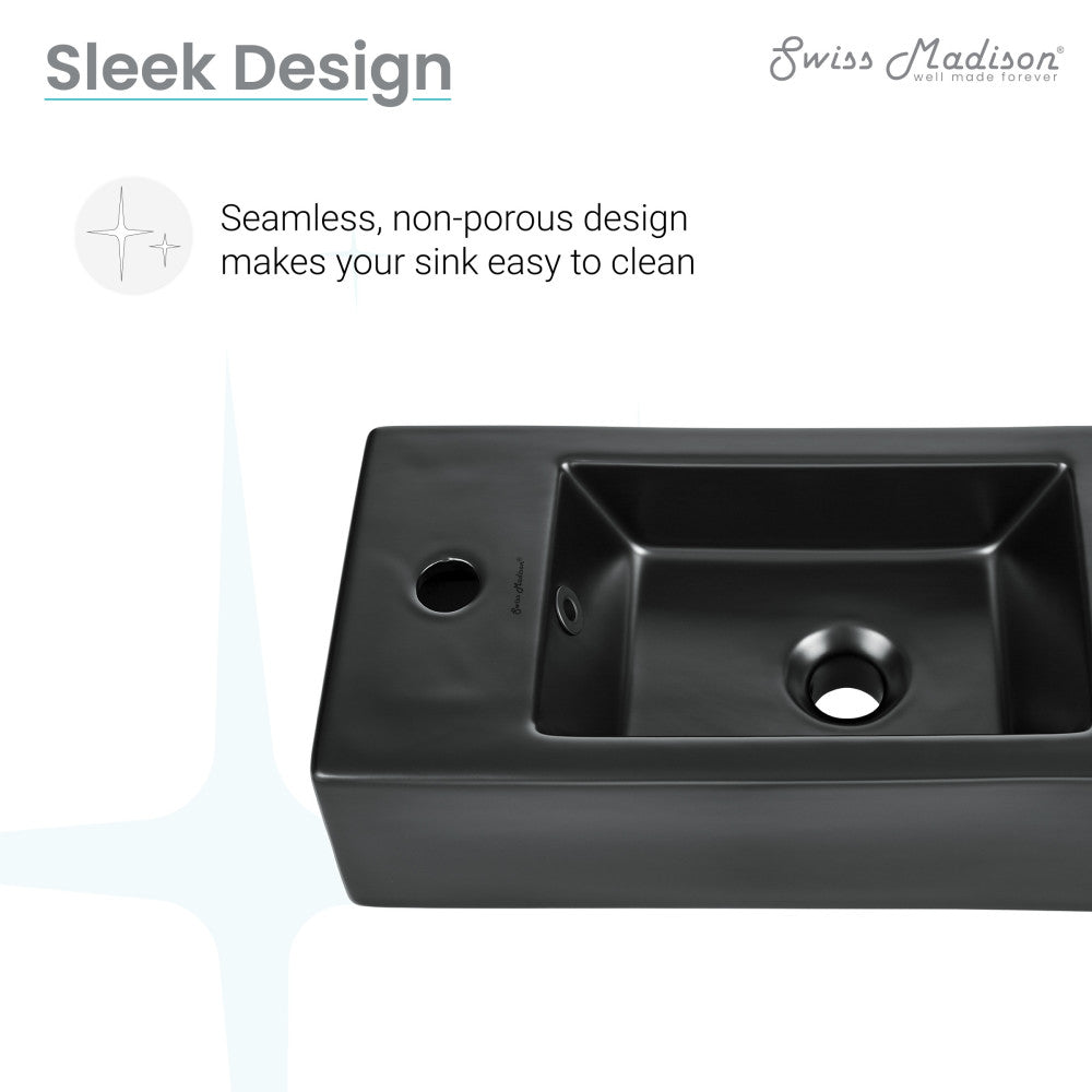 Rectangular wall-mounted ceramic sink with left side faucet mount, matte black finish, sleek design.