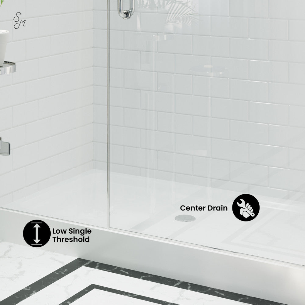 Voltaire 60" x 32" Acrylic White, Single-Threshold, Center Drain, Shower Base