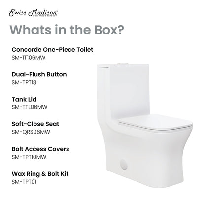 Elongated one-piece toilet in matte white, dual flush, soft-close seat.
